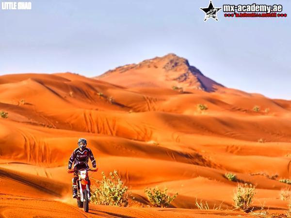 Enduro Dubai: a rider stands on the pegs between red dunes and green shrubs, a rocky peak rising behind