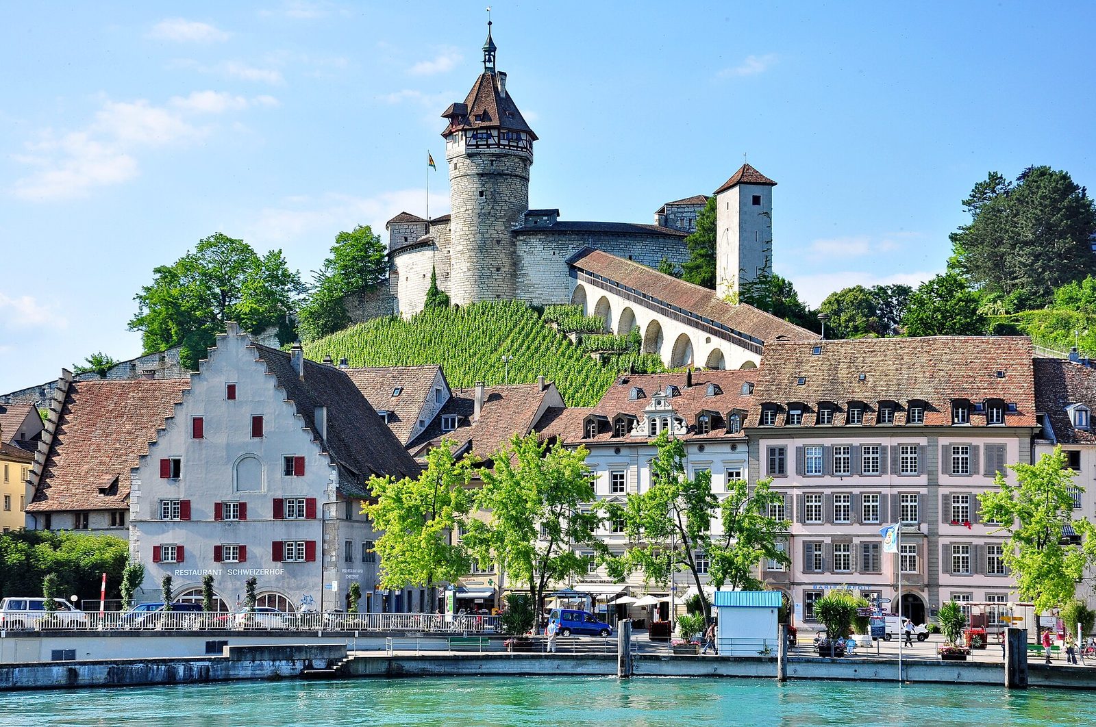 Things to do in north-east Switzerland: the round Munot tower above vineyards and the old town of Schaffhausen