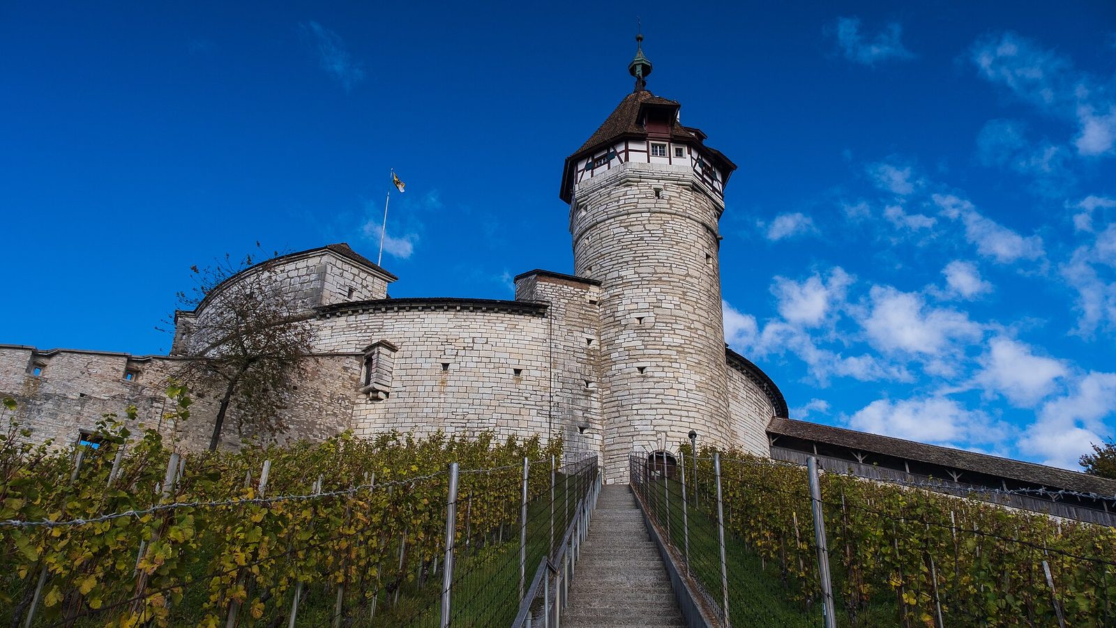What to do in Switzerland: stone steps lead through autumn vineyards up to the round tower of the Munot fortress